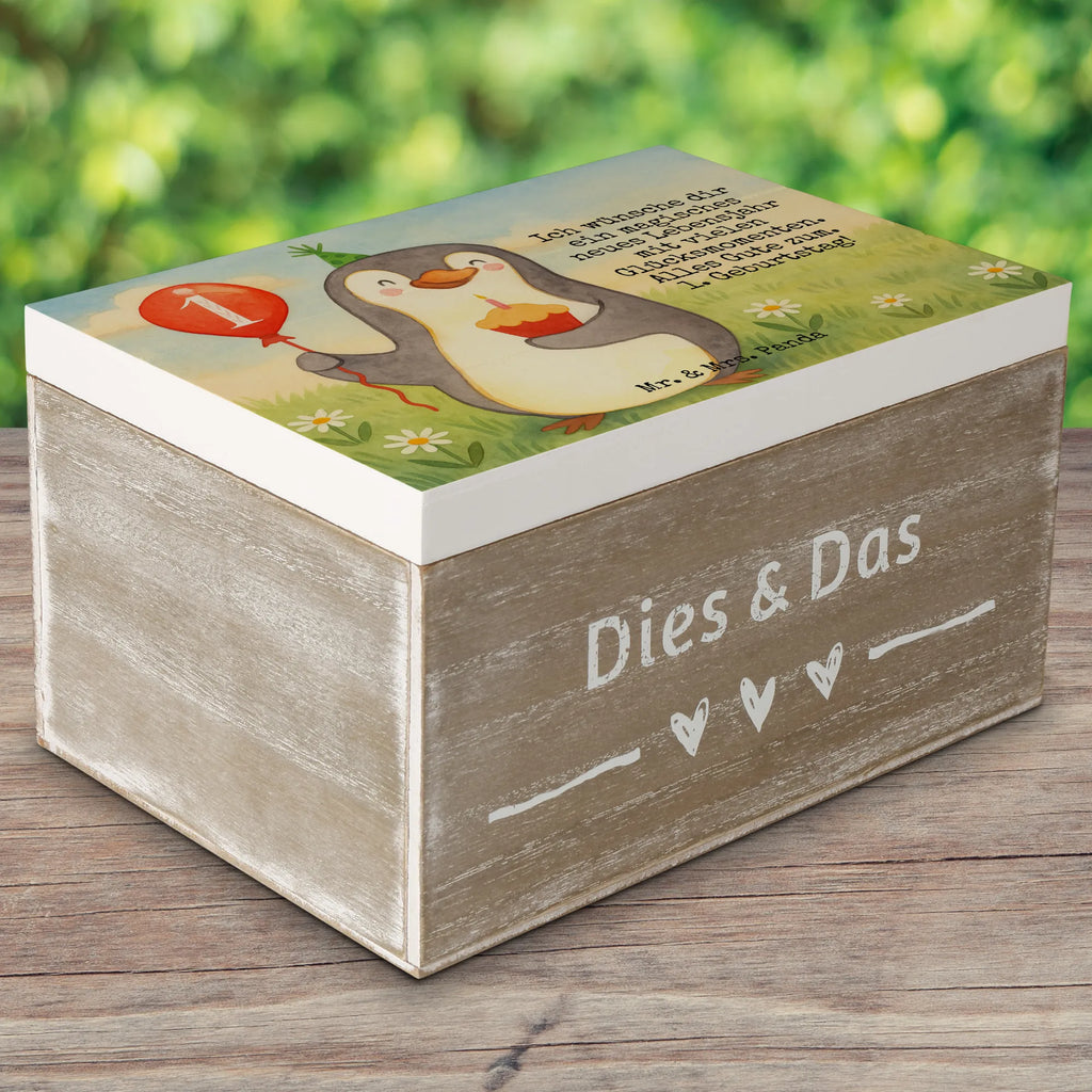 Holzkiste 1. Geburtstag Pinguin Luftballon Design Schatulle, Truhe, Erinnerungskiste, Kiste, Schatzkiste, Holzkiste, Erinnerungsbox, Geschenkdose, Geschenkbox, Aufbewahrungsbox, Dekokiste, XXL, Geburtstag, Geburtstagsgeschenk, Geschenk, Pinguin, Geburtstagsfeier, Happy Birthday, Geburtstage