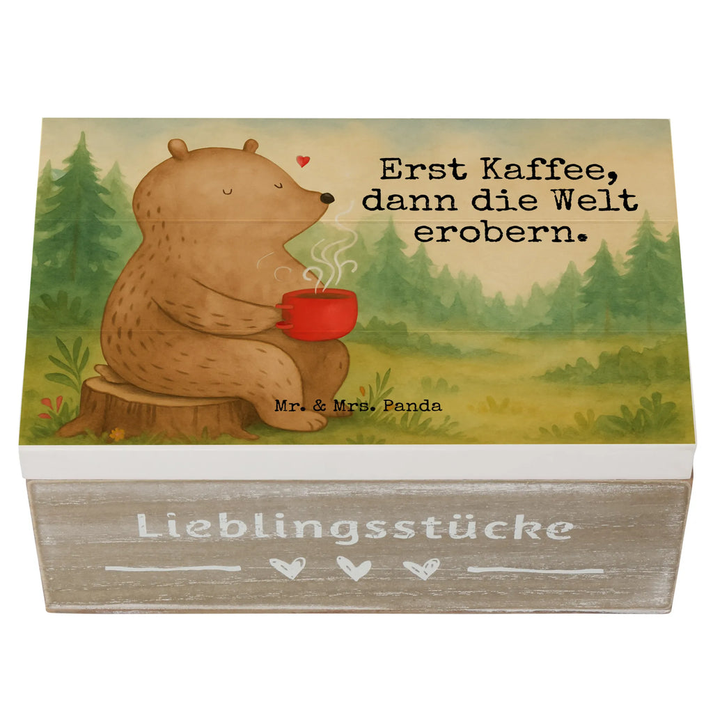 Holzkiste Bär Kaffee Design Erinnerungskiste, Aufbewahrungsbox, Dekokiste, Truhe, XXL, Erinnerungsbox, Geschenkbox, Schatzkiste, Holzkiste, Schatulle, Geschenkdose, Kiste, Bär, Teddy, Teddybär, guten Morgen, Welt erobern, Morgenroutine, Welt retten, Motivation, Bären, Coffee, Kaffee