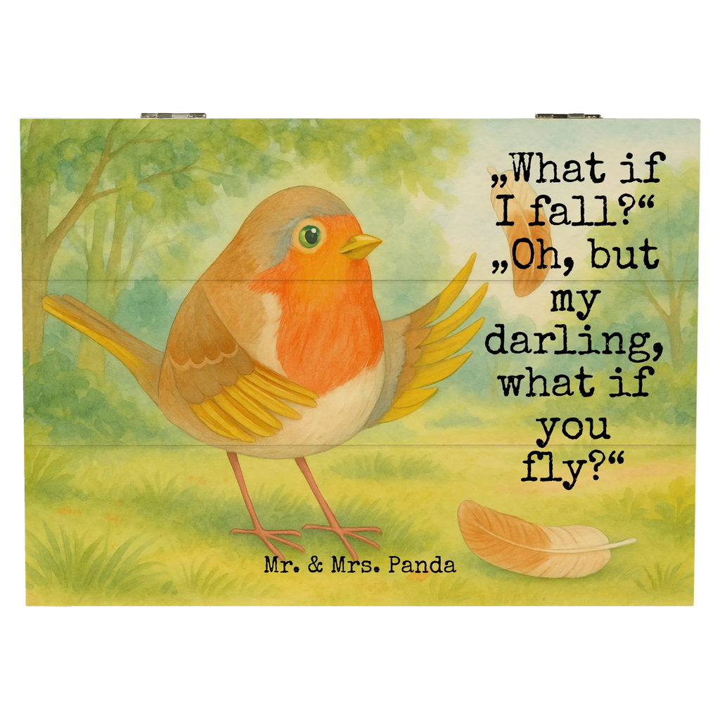 Holzkiste Rotkehlchen Federn Design Holzkiste, Geschenkdose, Erinnerungsbox, Aufbewahrungsbox, Schatzkiste, Geschenkbox, Kiste, Dekokiste, Truhe, Erinnerungskiste, XXL, Schatulle, Tiermotive, Gute Laune, lustige Sprüche, Tiere, Motivation Sprüche, Motivationsbilder, What if i fall, Rotkehlchen, Spruch Motivation, Vogel, fliegen, Spruch Mut