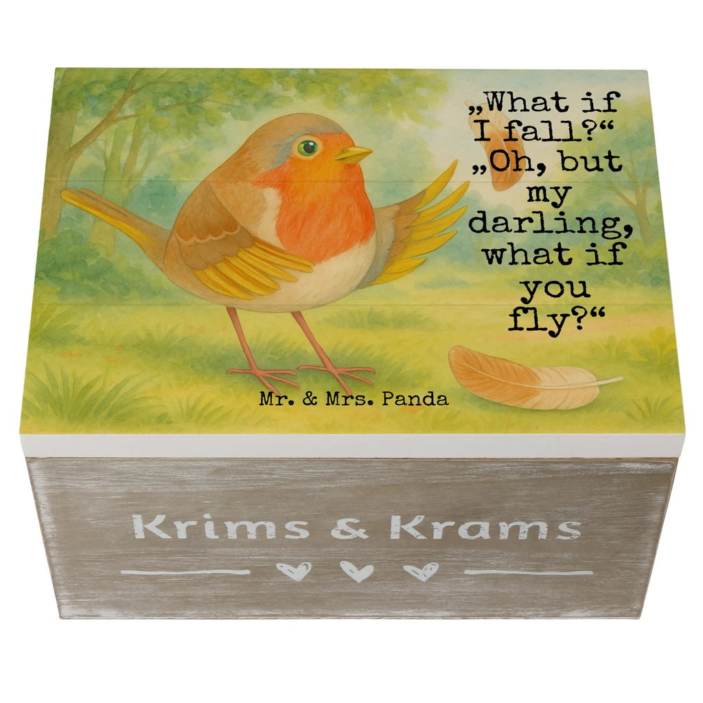 Holzkiste Rotkehlchen Federn Design Holzkiste, Geschenkdose, Erinnerungsbox, Aufbewahrungsbox, Schatzkiste, Geschenkbox, Kiste, Dekokiste, Truhe, Erinnerungskiste, XXL, Schatulle, Tiermotive, Gute Laune, lustige Sprüche, Tiere, Motivation Sprüche, Motivationsbilder, What if i fall, Rotkehlchen, Spruch Motivation, Vogel, fliegen, Spruch Mut