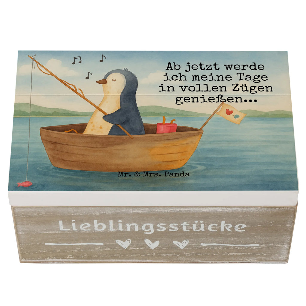 Holzkiste Pinguin Angelboot Design Geschenkbox, Geschenkdose, Dekokiste, Truhe, Erinnerungskiste, Holzkiste, Erinnerungsbox, Kiste, Aufbewahrungsbox, Schatzkiste, XXL, Schatulle, Pinguin, Trennung, Neustart, Pinguine, genießen, Geschenkidee Liebeskummer, Angelboot, Lebenslust, Neuanfang, Motivation, Angeln, Scheidung, Boot, Leben