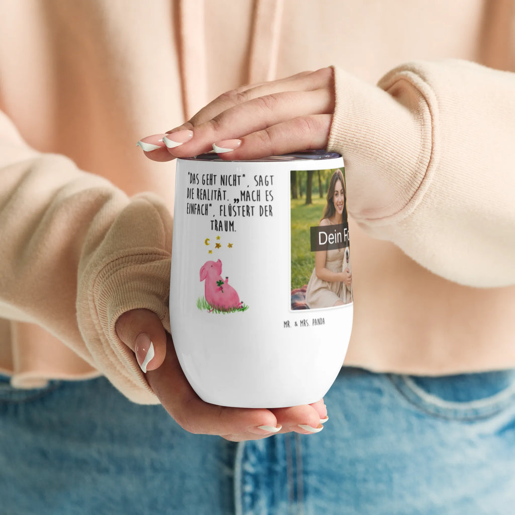 Personalized Photo Wine Mug Pig Luck small animals, cute, funny, cute animal motives, hand drawn, small world, funny sayings, good mood, happy, gifts, gift ideas, special gifts, animal lover, card, asterisks, stars, dreams, lucky charm, motivation, piglet, pig, goals, Lucky bastard. Luck