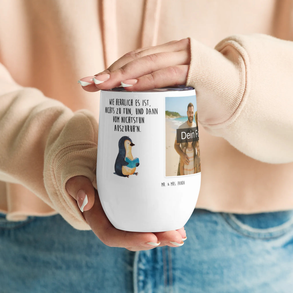 Personalized Photo Wine Mug Penguin A book Penguin, North Pole, Winter, Penguins, holidays, doing nothing, penguins, book, vacation, lazing around, leisure, reading, bookworm