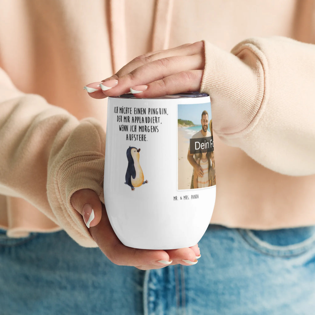 Personalized Photo Wine Mug Penguin march Penguin, North Pole, Winter, Penguins, sister, late riser, penguins, brother, family, early riser, penguin