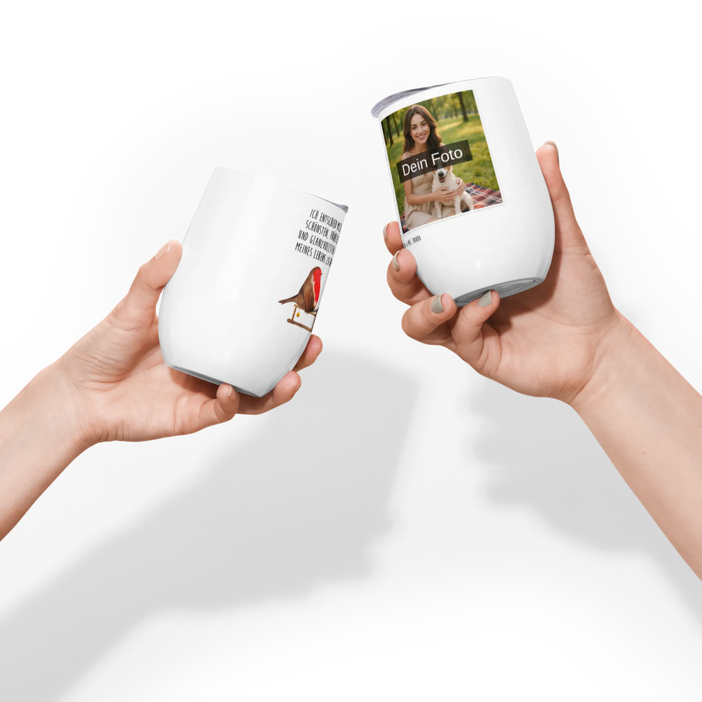 Personalized Photo Wine Mug robin Sleds Winter, Christmas, Christmas time, snow, bird, sleigh