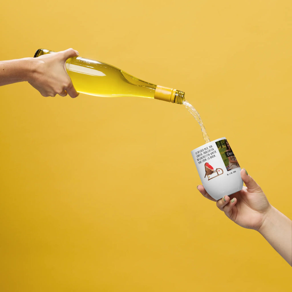 Personalized Photo Wine Mug robin Sleds Winter, Christmas, Christmas time, snow, bird, sleigh