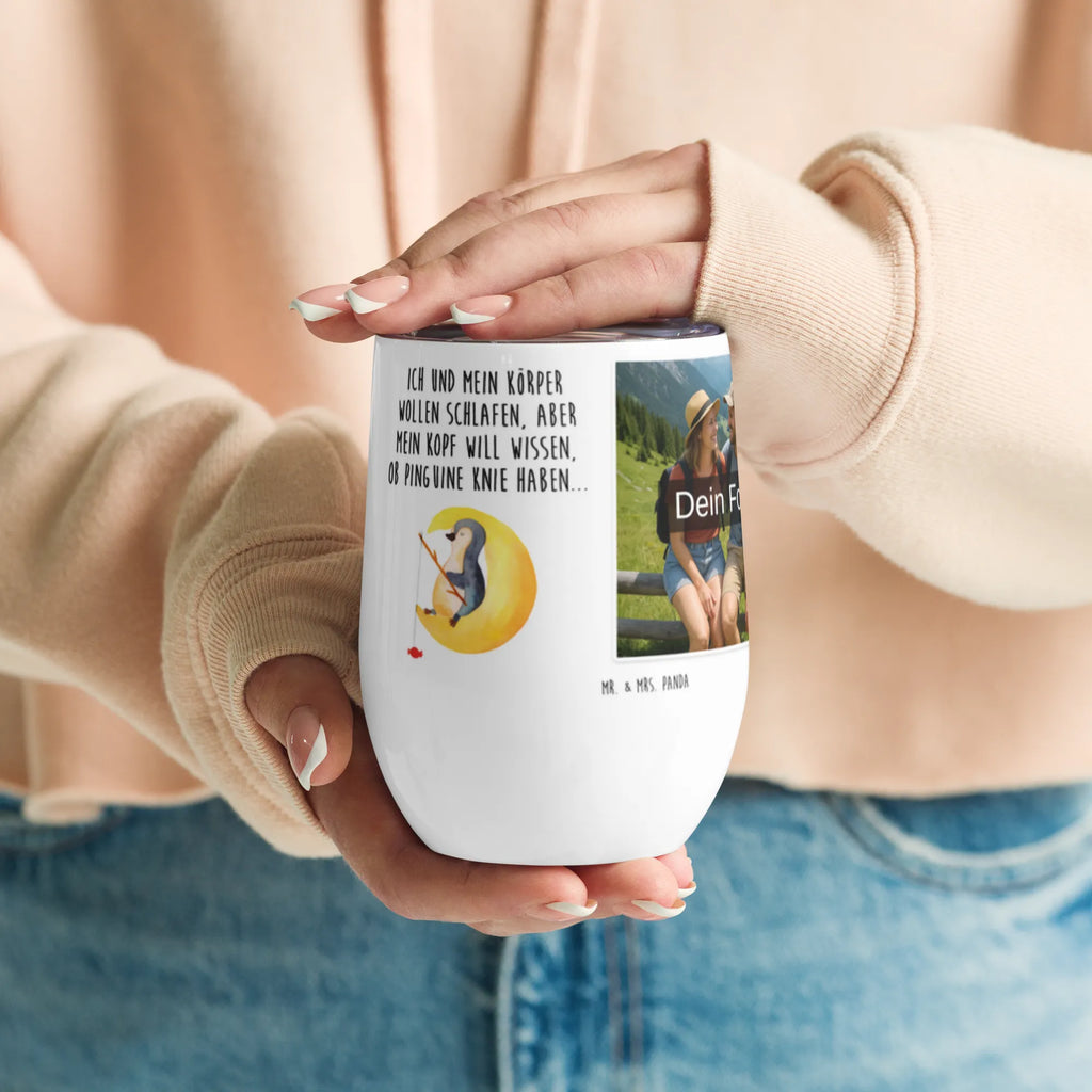 Personalized Photo Wine Mug Penguin moon Penguin, North Pole, Winter, Penguins, saying, night's rest, falling asleep, guest room, bedroom, insomnia, sleep, penguins