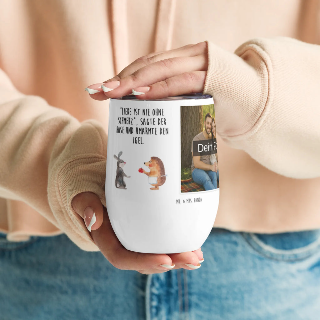 Personalized Photo Wine Mug Hare Hedgehog small animals, cute, funny, cute animal motives, hand drawn, small world, funny sayings, good mood, happy, gifts, gift ideas, special gifts, animal lover, card, lovesickness gift, Hedgehog, Hedgehog and hare, heartache, pain of separation, hare, love saying, romantic saying, consolation