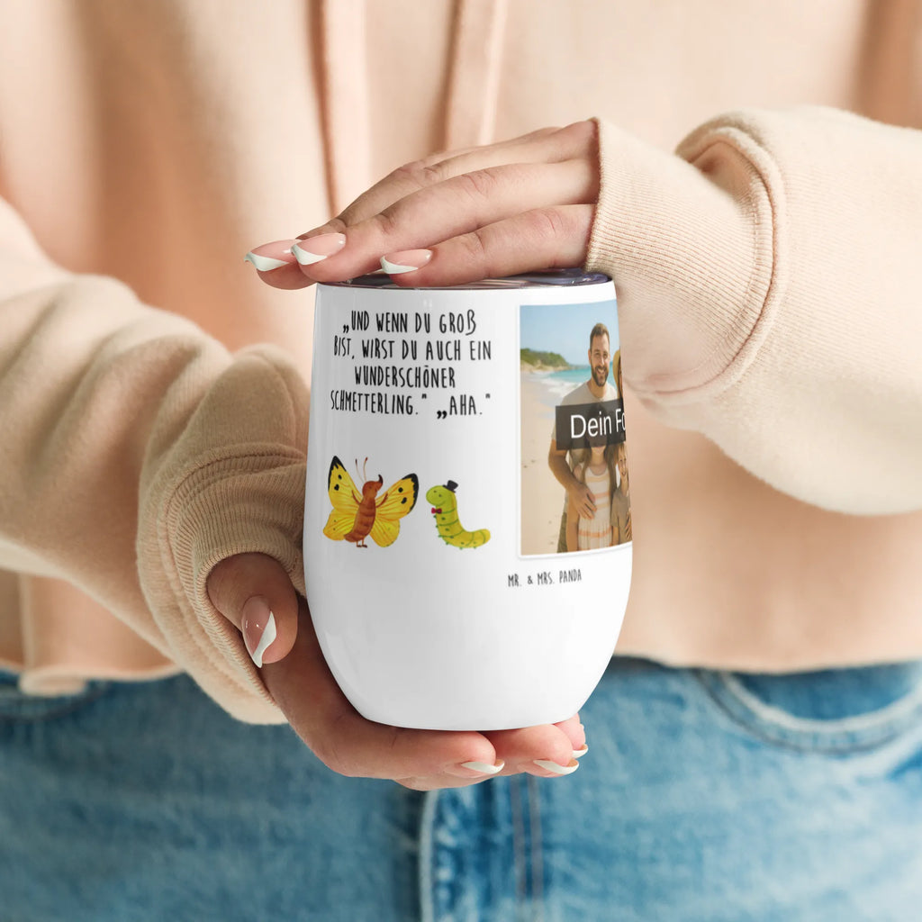 Personalized Photo Wine Mug Caterpillar butterfly small animals, cute, funny, cute animal motives, hand drawn, small world, funny sayings, good mood, happy, gifts, gift ideas, special gifts, animal lover, card, cocoon, Caterpillar, growing up, butterfly, lemon butterfly, hat, development, beauty