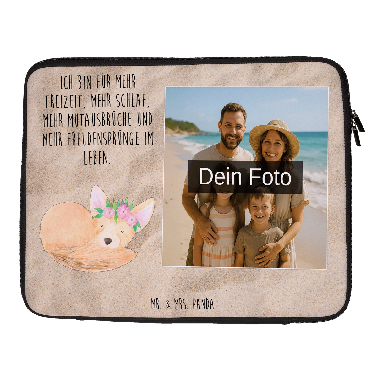 Personalisierte Foto Notebook Tasche Wüstenfuchs Blumen Notebooktasche mit eigenem Foto, Foto Laptop Tasche, Laptoptasche mit Bild, Laptoptasche mit eigenem Foto, Laptoptasche mit Foto, Laptoptasche Mit Fotodruck, Wasserfeste Notebooktasche Mit Wunschfoto, Afrika, Wildtiere, Wüste, Glücklich, Blumenkranz, Blumen, Wüstenfuchs