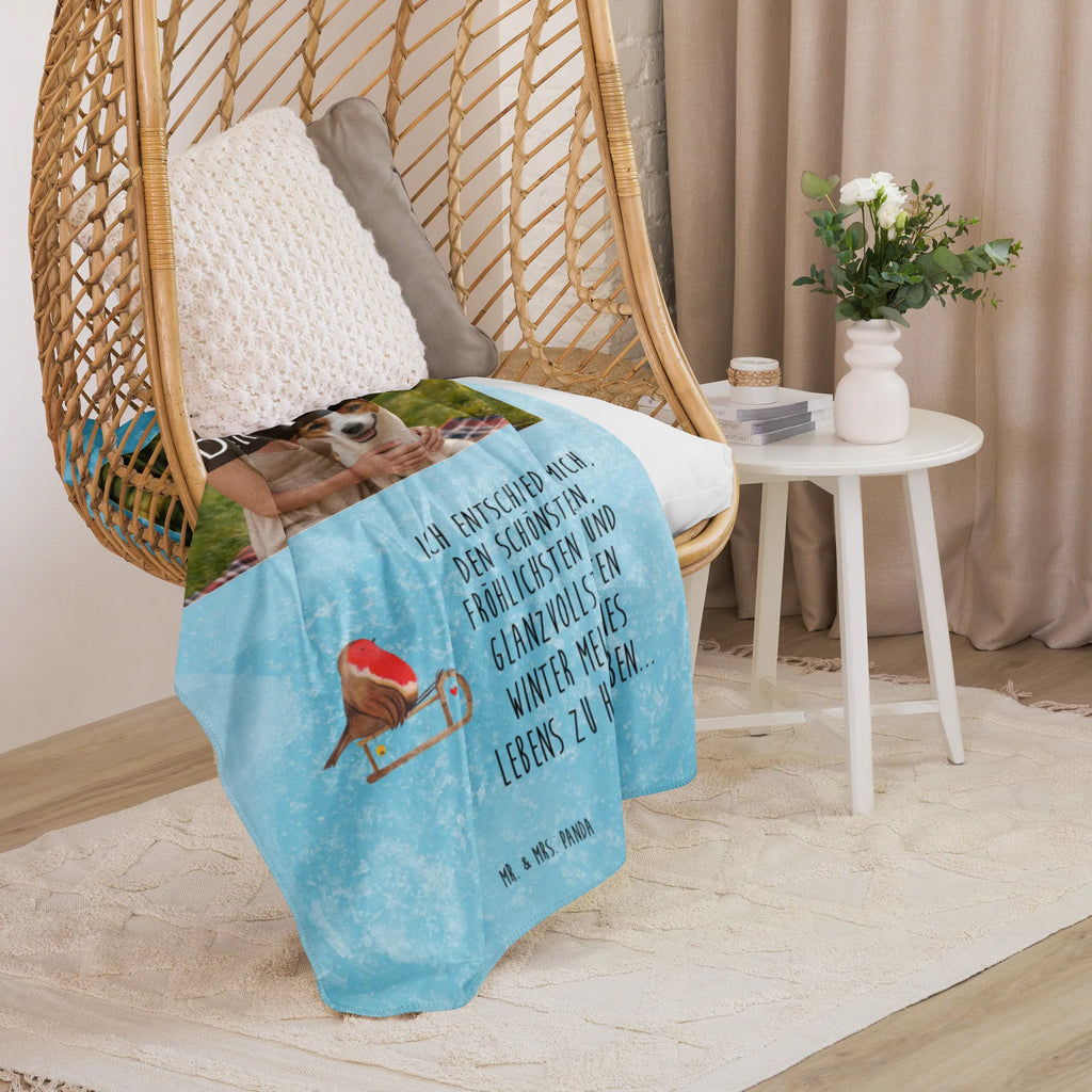 Sherpa Photo Cuddle Blanket robin Sleds Foto Kuscheldecke, Winter, Weihnachten, Weihnachtsdeko, Nikolaus, Advent, Heiligabend, Wintermotiv, Schlitten, Vogel