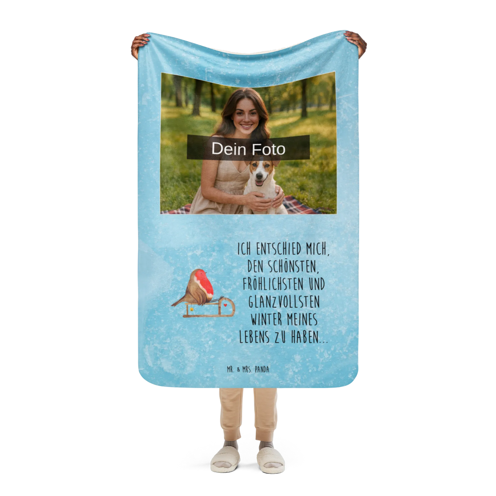 Sherpa Photo Cuddle Blanket robin Sleds Foto Kuscheldecke, Winter, Weihnachten, Weihnachtsdeko, Nikolaus, Advent, Heiligabend, Wintermotiv, Schlitten, Vogel
