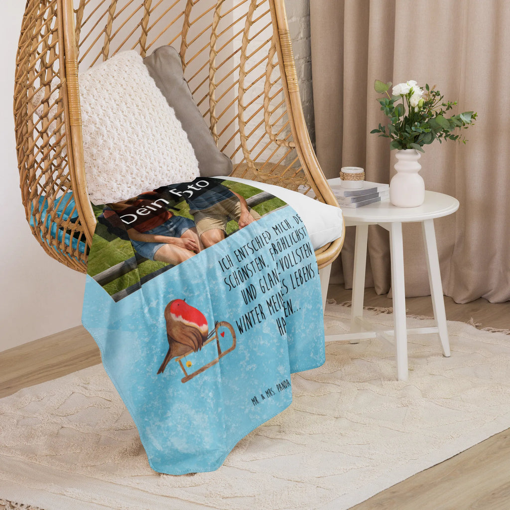 Sherpa Photo Cuddle Blanket robin Sleds Foto Kuscheldecke, Winter, Weihnachten, Weihnachtsdeko, Nikolaus, Advent, Heiligabend, Wintermotiv, Schlitten, Vogel