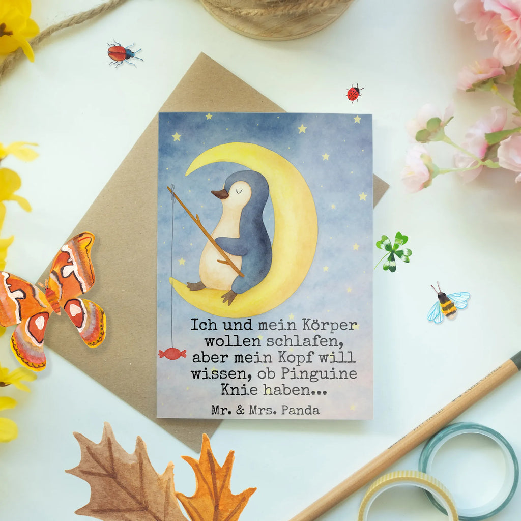 Grußkarte Pinguin Mond Design Grußkarte, Klappkarte, Einladungskarte, Glückwunschkarte, Hochzeitskarte, Geburtstagskarte, Karte, Ansichtskarten, Pinguin, Pinguine, Spruch, schlafen, Nachtruhe, Einschlafen, Schlafzimmer, Schlafstörungen, Gästezimmer