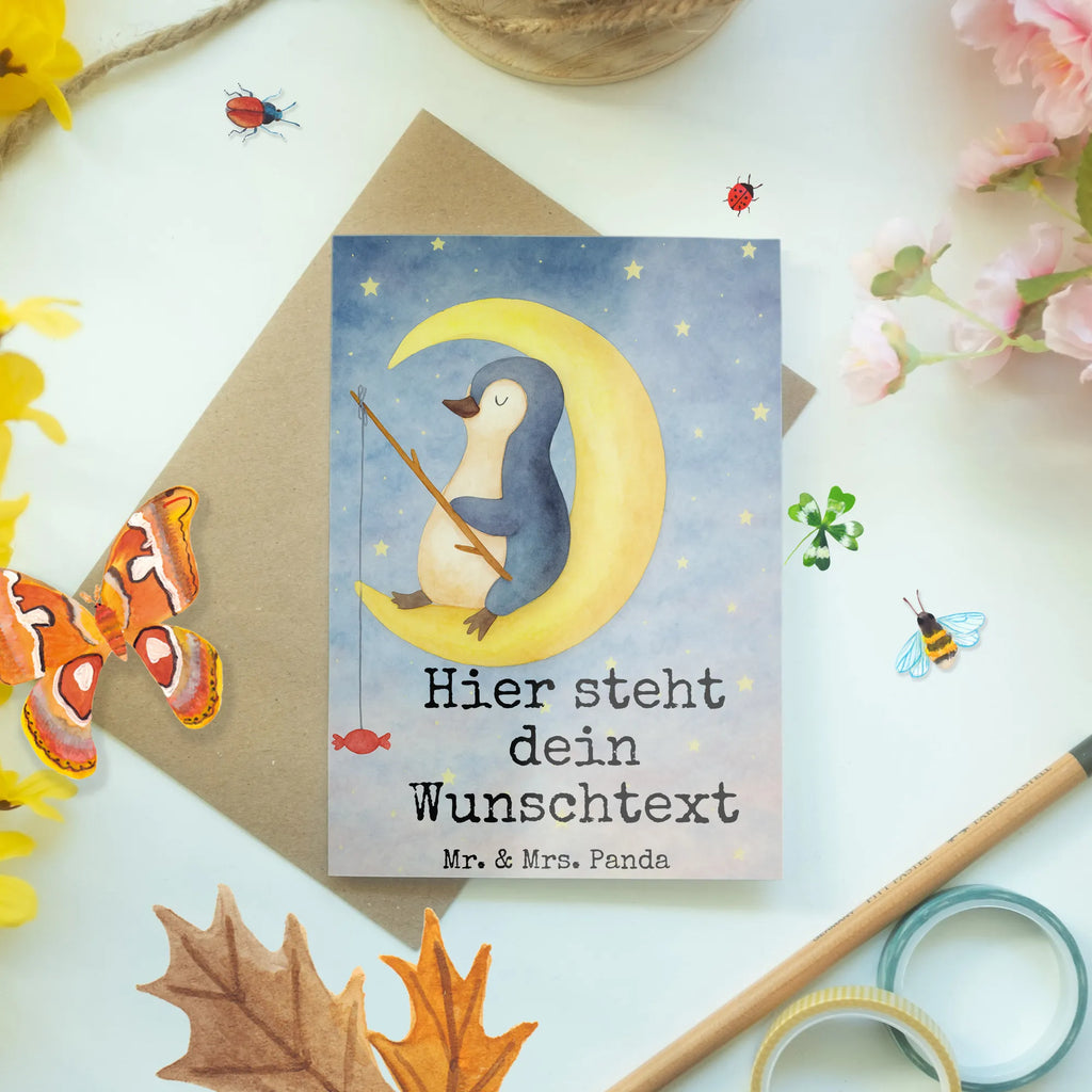 Personalisierte Grußkarte Pinguin Mond Design Grußkarte mit persönlichen Nachrichten, Grußkarte mit Namen, Personalisierte Grußkarte, Personalisierte Hochzeitskarte, Personalisierte Geburtstagskarte, Personalisiertere Klappkarte, Grußkarte selber drucken, Grußkarte selbst gestalten, Personalisierte Glückwunschkarte, Grußkarten personalisiert, Personalisierte Karte, Grußkarte als Geldgeschenk, Personalisierte Einladungskarte, Pinguin, Schlafzimmer, schlafen, Nachtruhe, Einschlafen, Spruch, Schlafstörungen, Gästezimmer, Pinguine