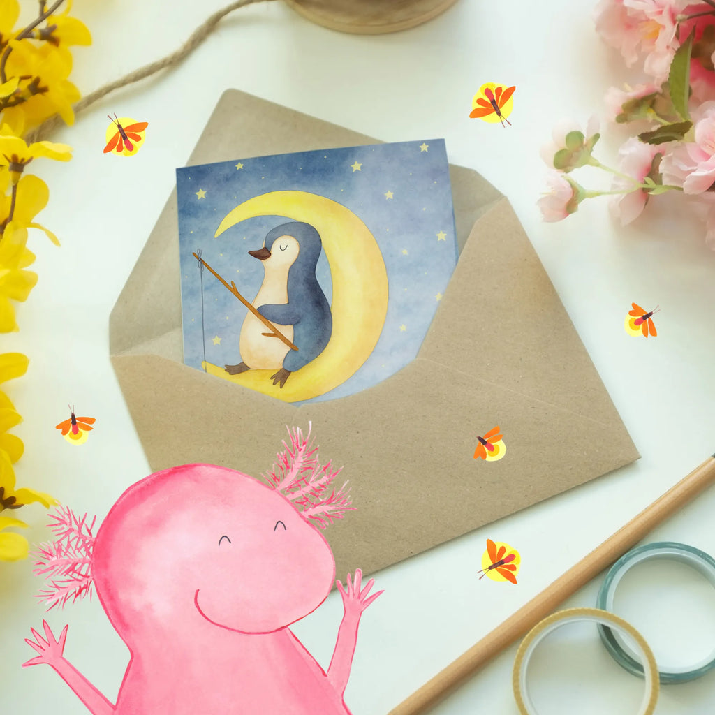 Personalisierte Grußkarte Pinguin Mond Design Grußkarte mit persönlichen Nachrichten, Grußkarte mit Namen, Personalisierte Grußkarte, Personalisierte Hochzeitskarte, Personalisierte Geburtstagskarte, Personalisiertere Klappkarte, Grußkarte selber drucken, Grußkarte selbst gestalten, Personalisierte Glückwunschkarte, Grußkarten personalisiert, Personalisierte Karte, Grußkarte als Geldgeschenk, Personalisierte Einladungskarte, Pinguin, Schlafzimmer, schlafen, Nachtruhe, Einschlafen, Spruch, Schlafstörungen, Gästezimmer, Pinguine