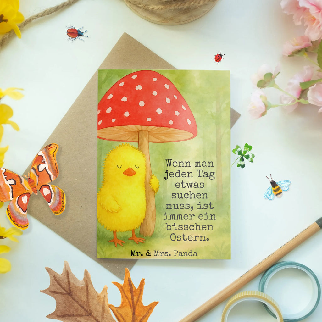 Kartka okolicznościowa pisklę muchomor czerwony Design Grußkarte, Klappkarte, Einladungskarte, Glückwunschkarte, Hochzeitskarte, Geburtstagskarte, Karte, Ansichtskarten, Ostern, Osterhase, Ostergeschenke, Osternest, Osterdeko, Geschenke zu Ostern, Ostern Geschenk, Ostergeschenke Kinder, Ostern Kinder, Küken, Fliegenpilz, Glückspilz, Frohe Ostern, Ostergrüße