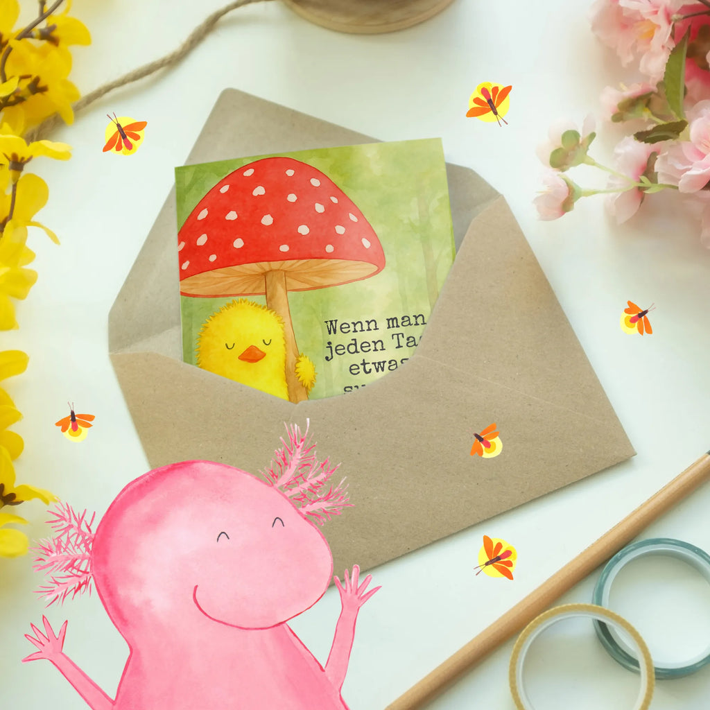 Kartka okolicznościowa pisklę muchomor czerwony Design Grußkarte, Klappkarte, Einladungskarte, Glückwunschkarte, Hochzeitskarte, Geburtstagskarte, Karte, Ansichtskarten, Ostern, Osterhase, Ostergeschenke, Osternest, Osterdeko, Geschenke zu Ostern, Ostern Geschenk, Ostergeschenke Kinder, Ostern Kinder, Küken, Fliegenpilz, Glückspilz, Frohe Ostern, Ostergrüße