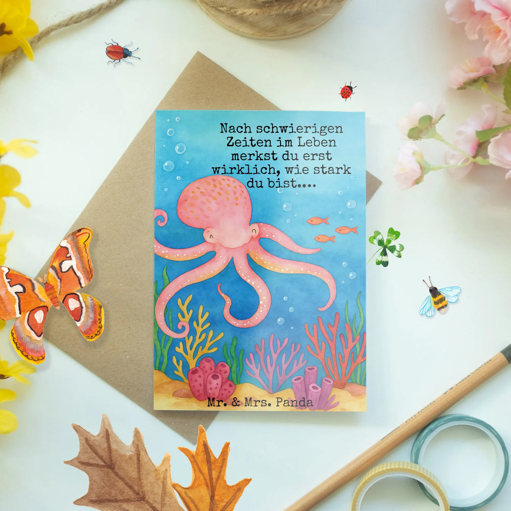 Grußkarte Tintenfisch Design Grußkarte, Klappkarte, Einladungskarte, Glückwunschkarte, Hochzeitskarte, Geburtstagskarte, Karte, Ansichtskarten, Tiermotive, Gute Laune, lustige Sprüche, Tiere, Meer, Meerestier, Krake, Tintenfisch, Arme, Wasser, Ozean