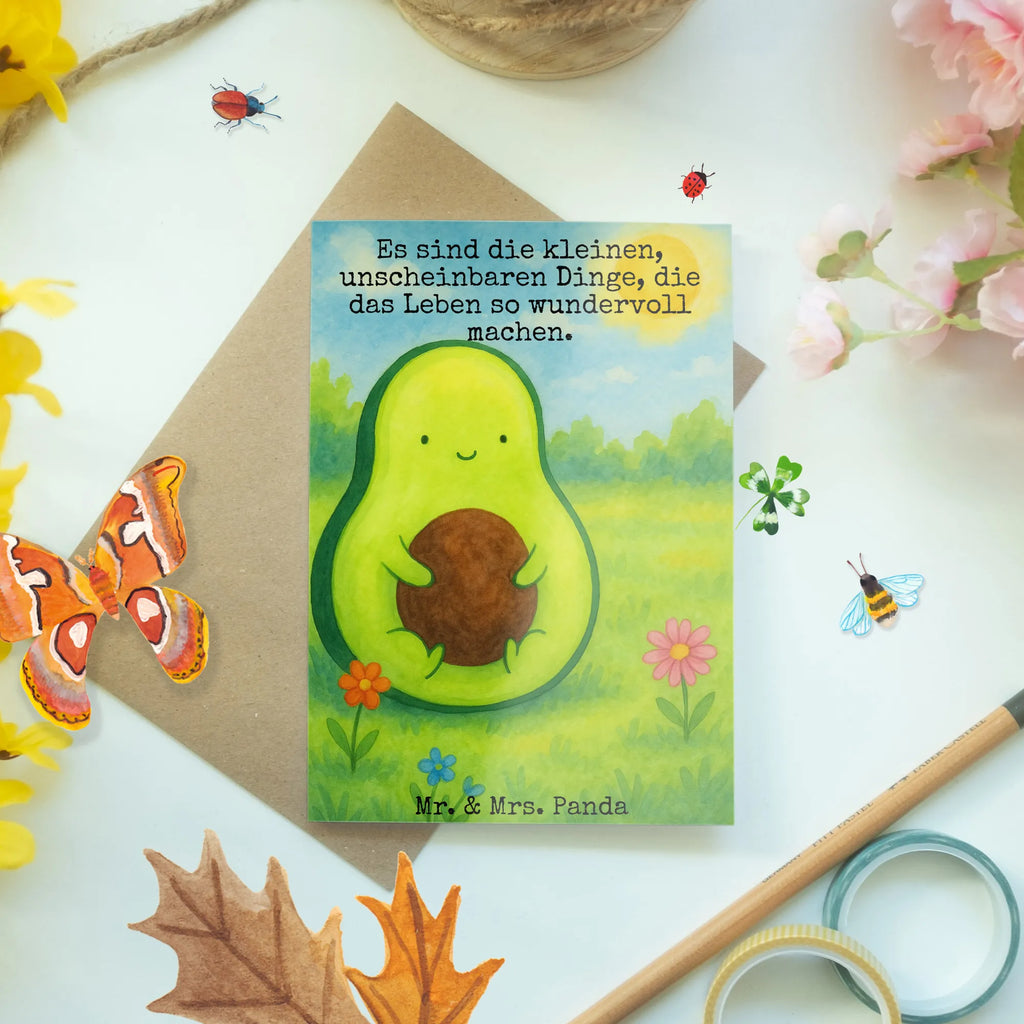 Grußkarte Avocado Kern Design Grußkarte, Klappkarte, Einladungskarte, Glückwunschkarte, Hochzeitskarte, Geburtstagskarte, Karte, Ansichtskarten, Avocado, Veggie, Vegan, Gesund, Avokado, Avocadokern, Kern, Pflanze, Spruch Leben