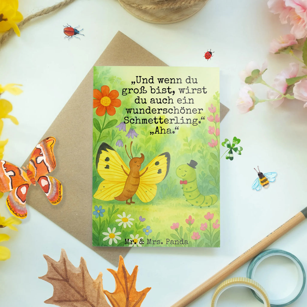 Grußkarte Raupe Schmetterling Design Grußkarte, Klappkarte, Einladungskarte, Glückwunschkarte, Hochzeitskarte, Geburtstagskarte, Karte, Ansichtskarten, Tiermotive, Gute Laune, lustige Sprüche, Tiere, Raupe, Schmetterling, Zitronenfalter, Entwicklung, Erwachsen werden, Kokon, Hut, Hütchen, Schönheit, Aufwachsen