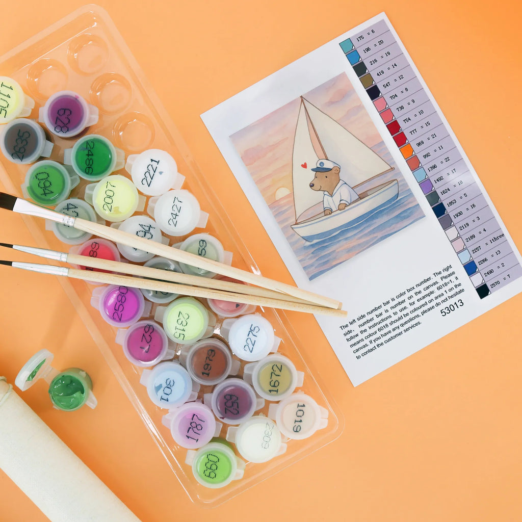 Malen nach Zahlen Bär Segeln Design Ausmalbild, Malen nach Zahlen, Kunstwerk, Geschenk, Sport, Sportart, Hobby, Schenken, Danke, Dankeschön, Auszeichnung, Gewinn, Sportler, Segelboot, Yachtclub, Segeltörn, segeln, Segelschule