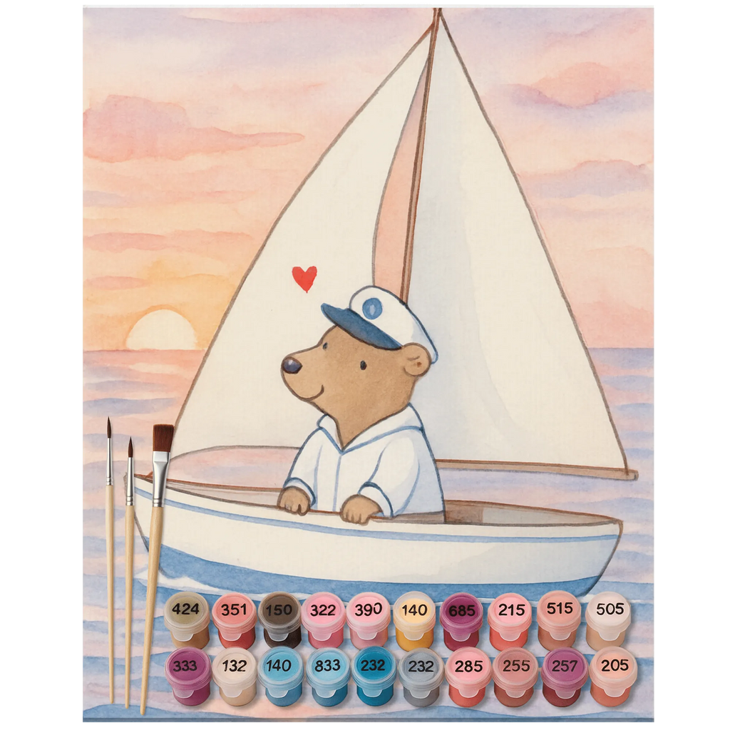 Malen nach Zahlen Bär Segeln Design Ausmalbild, Malen nach Zahlen, Kunstwerk, Geschenk, Sport, Sportart, Hobby, Schenken, Danke, Dankeschön, Auszeichnung, Gewinn, Sportler, Segelboot, Yachtclub, Segeltörn, segeln, Segelschule