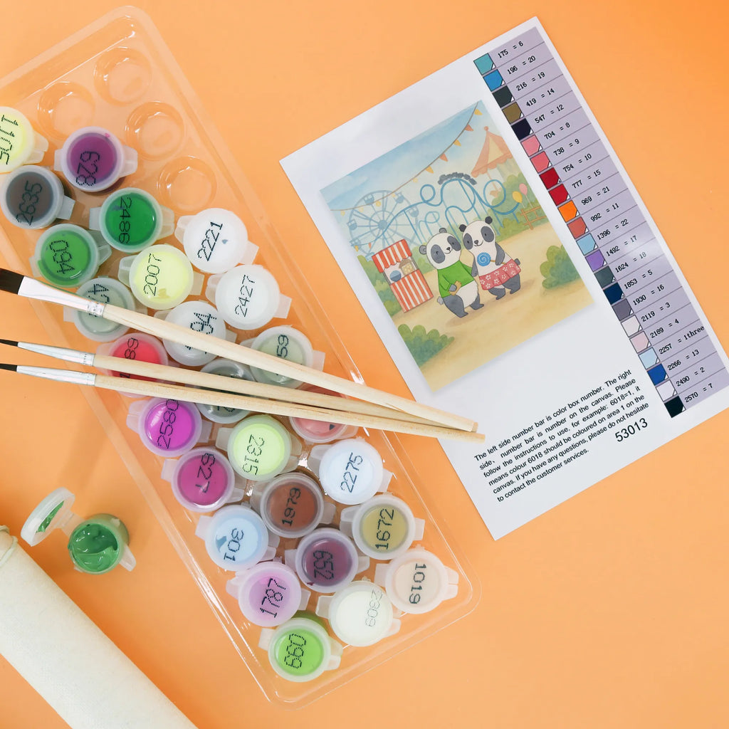 Paint by Numbers pandas visit amusement park Design Künstler, DIY, Bastelidee, Baseln, Ausmalbild, Kreativität, Kunstwerk, Malen, Malen nach Zahlen, Geschenk, Sport, Sportart, Hobby, Schenken, Danke, Dankeschön, Auszeichnung, Gewinn, Sportler, Achterbahn fahren, Freizeitpark besuchen