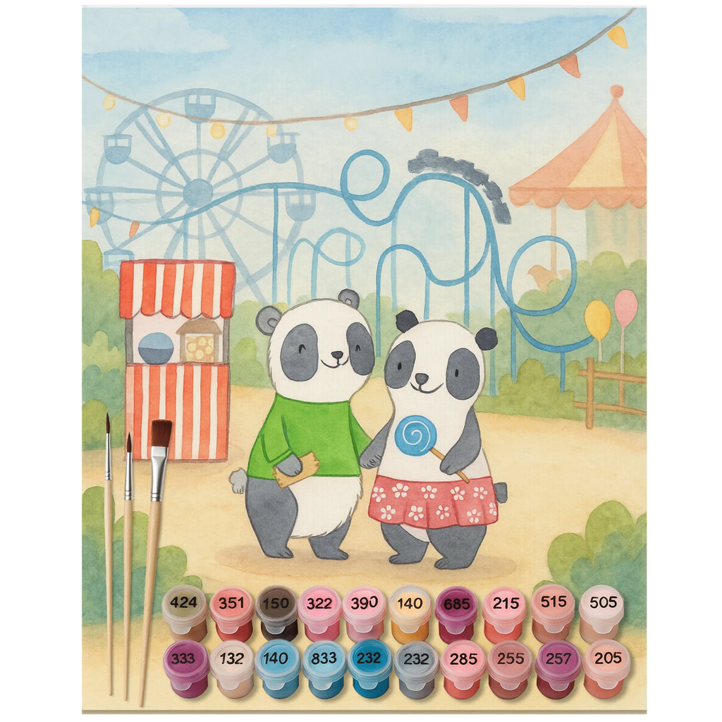 Paint by Numbers pandas visit amusement park Design Künstler, DIY, Bastelidee, Baseln, Ausmalbild, Kreativität, Kunstwerk, Malen, Malen nach Zahlen, Geschenk, Sport, Sportart, Hobby, Schenken, Danke, Dankeschön, Auszeichnung, Gewinn, Sportler, Achterbahn fahren, Freizeitpark besuchen