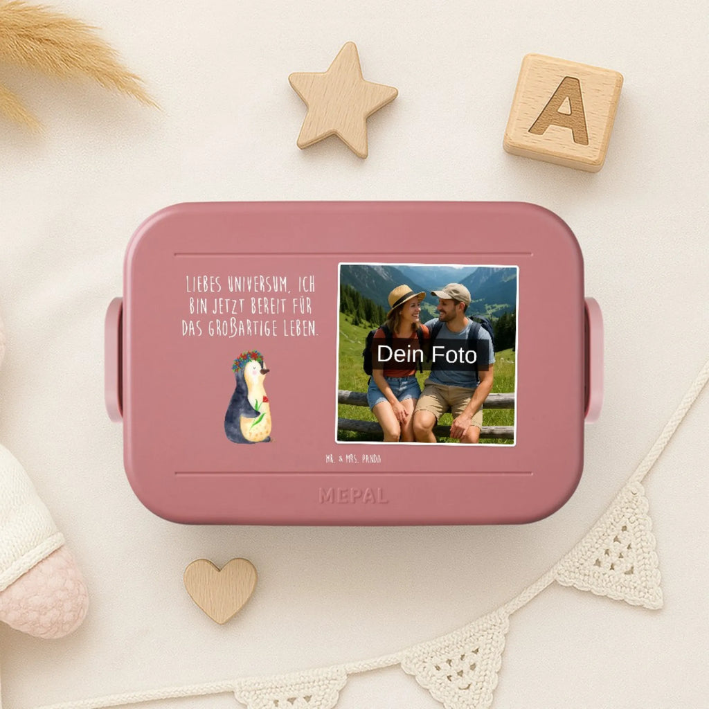 MEPAL Foto Bentobox Pinguin Blumen Foto Lunchbox, Foto Bentobox, Foto Brotdose, Pinguin, Wünsche, Geschenkidee, Blumenkranz, Liebeskummer, Lebensziele, Universum, Motivation, Pinguine, Ziele, Leben, Lebenslust