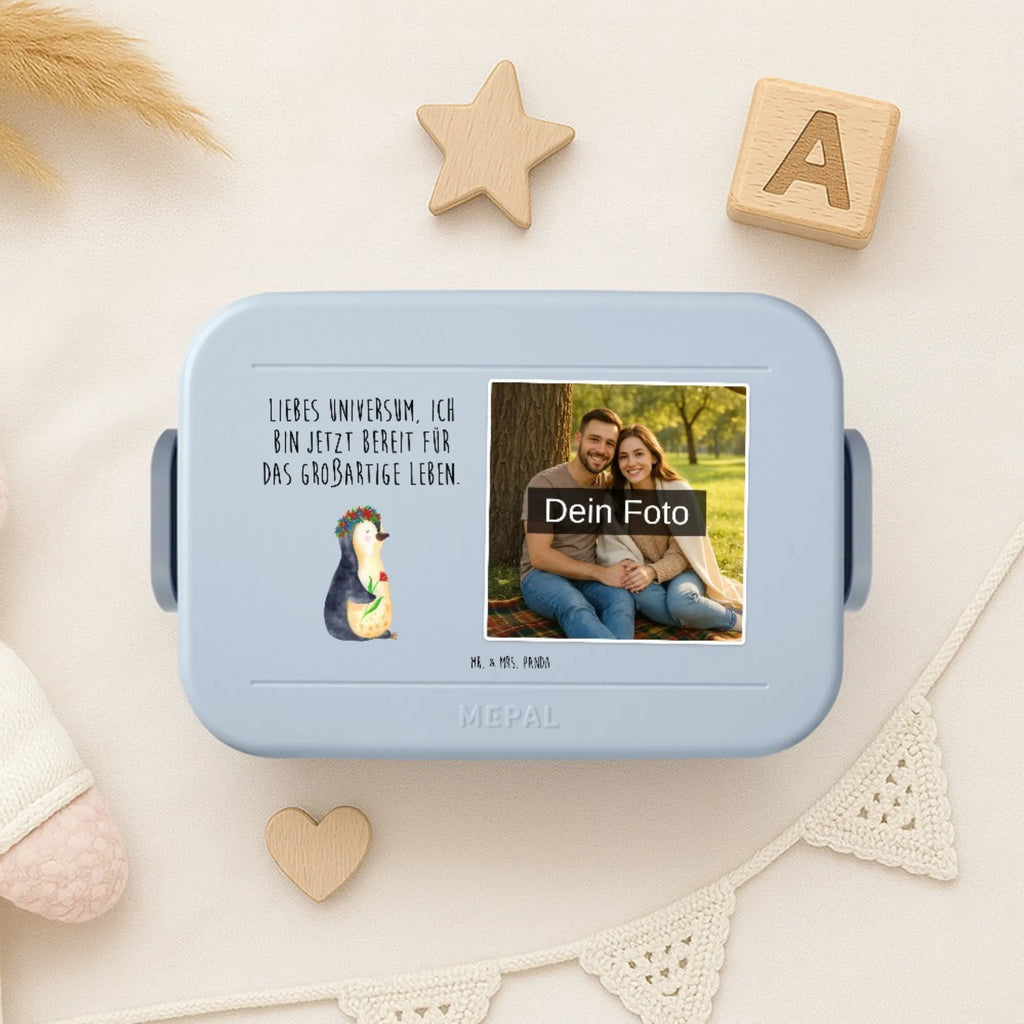 MEPAL Foto Bentobox Pinguin Blumen Foto Lunchbox, Foto Bentobox, Foto Brotdose, Pinguin, Wünsche, Geschenkidee, Blumenkranz, Liebeskummer, Lebensziele, Universum, Motivation, Pinguine, Ziele, Leben, Lebenslust