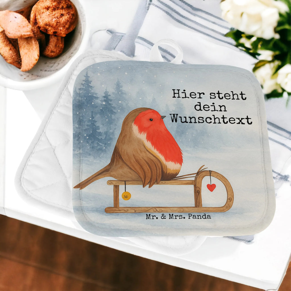 Personalisierte Topflappen Rotkehlchen Schlitten Design Topflappen mit Namen, Personalisierte Topfuntersetzer, Personalisierter Ofenhandschuh, Topflappen Set personalisiert, Namensaufdruck, Topflappen personalisiert, Winter, Weihnachten, Weihnachtsdeko, Nikolaus, Advent, Heiligabend, Wintermotiv, Schlitten, Vogel