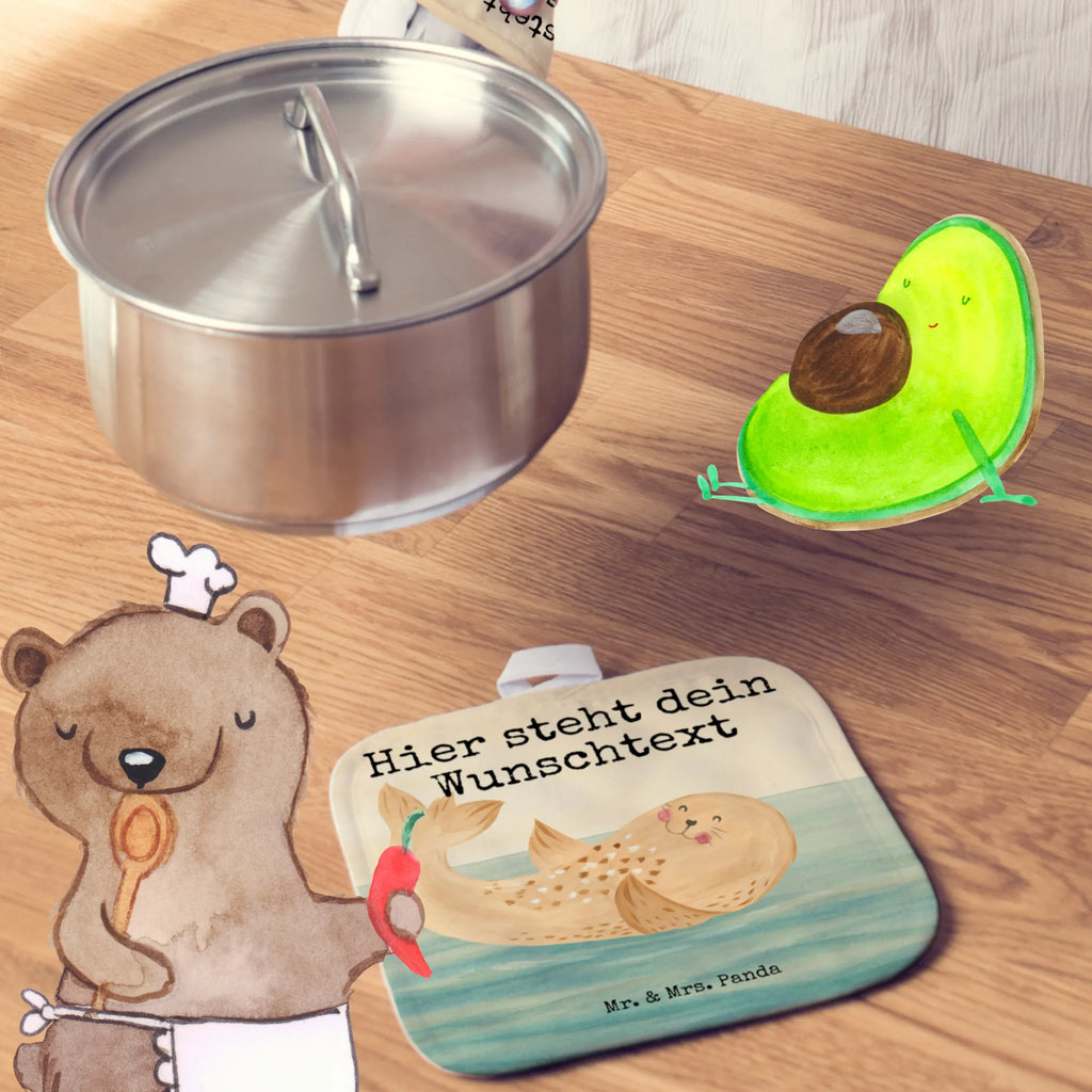 Personalisierte Topflappen Robbe Liegen Design Topflappen Set personalisiert, Namensaufdruck, Topflappen mit Namen, Personalisierte Topfuntersetzer, Topflappen personalisiert, Personalisierter Ofenhandschuh, Tiermotive, Gute Laune, lustige Sprüche, Tiere, Seehund, Nordsee, Robbe, Ostsee, Meerestier, Lachen, Freude, Robben, Strand