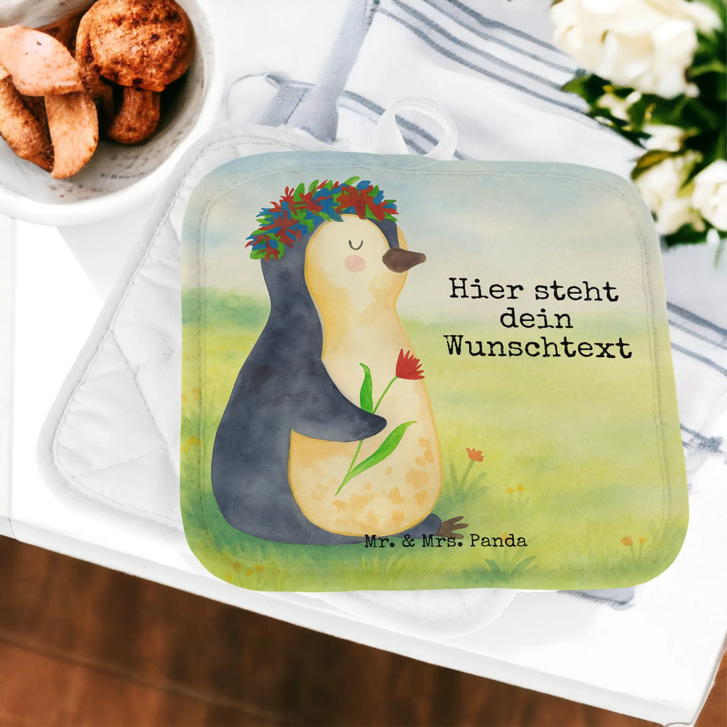 Personalisierte Topflappen Pinguin Blumen Design Topflappen personalisiert, Namensaufdruck, Personalisierter Ofenhandschuh, Personalisierte Topfuntersetzer, Topflappen mit Namen, Topflappen Set personalisiert, Pinguin, Universum, Lebenslust, Blumenkranz, Geschenkidee, Pinguine, Wünsche, Liebeskummer, Leben, Motivation, Lebensziele, Ziele