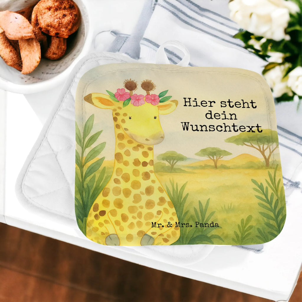 Personalisierte Topflappen Giraffe Blumenkranz Design Topflappen Set personalisiert, Personalisierte Topfuntersetzer, Topflappen mit Namen, Topflappen personalisiert, Namensaufdruck, Personalisierter Ofenhandschuh, Afrika, Wildtiere, Freundin, Abenteurer, Giraffe, Selbstliebe, Blumenkranz