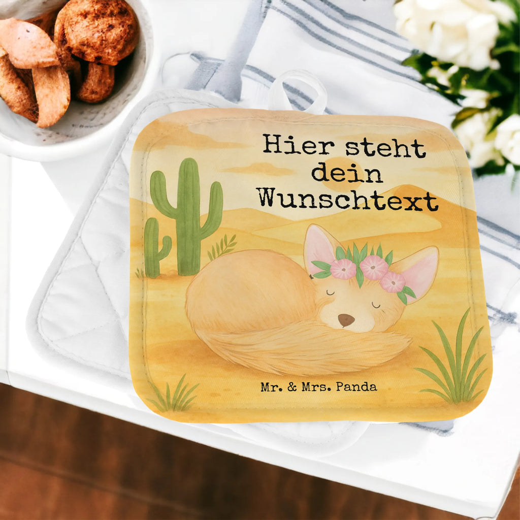 Personalisierte Topflappen Wüstenfuchs Blumen Design Topflappen Set personalisiert, Topflappen personalisiert, Personalisierter Ofenhandschuh, Topflappen mit Namen, Namensaufdruck, Personalisierte Topfuntersetzer, Afrika, Wildtiere, Blumen, Wüstenfuchs, Blumenkranz, Glücklich, Wüste