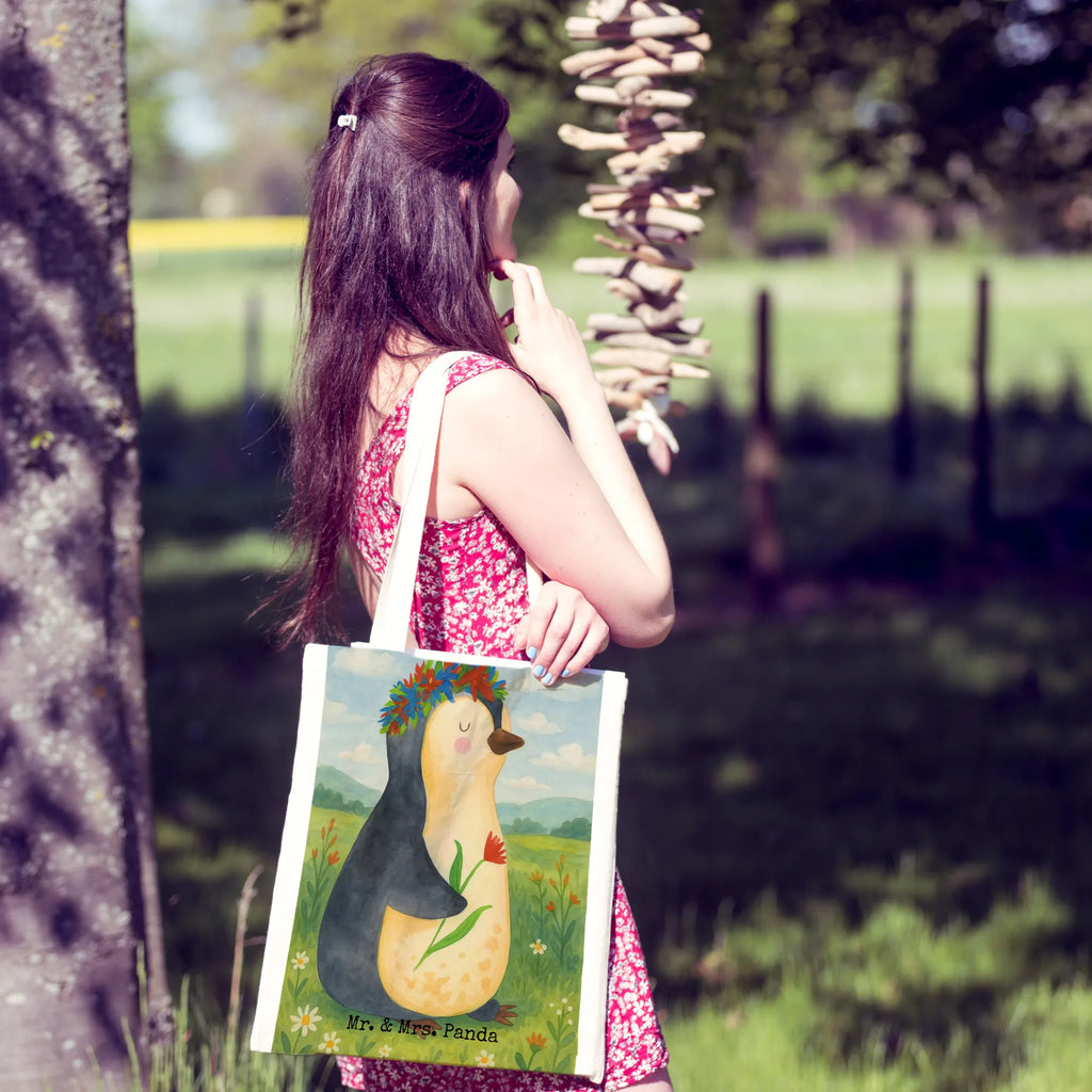 Tragetasche Pinguin Blumen Design Tasche, Badetasche, Strandtasche, Stoffbeutel, Shopper, Jutetasche, Laptoptasche, Beuteltasche, Tragetasche, Umhängetasche, Stofftasche, Schultertasche, Einkaufstüte, Jutebeutel, Beutel, Einkaufstasche, Pinguin, Lebenslust, Liebeskummer, Universum, Motivation, Wünsche, Leben, Lebensziele, Ziele, Blumenkranz, Geschenkidee, Pinguine