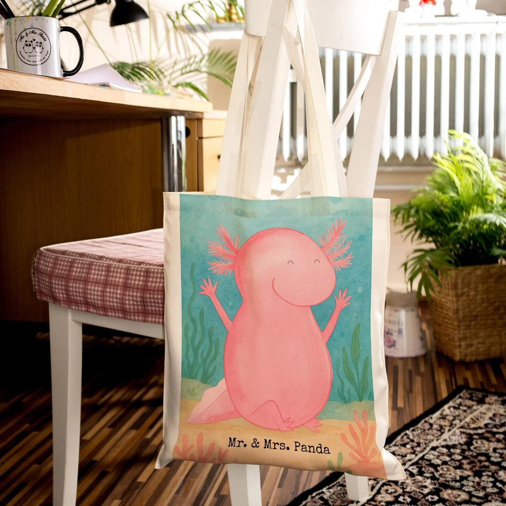 Tragetasche Axolotl Hurra Design Tasche, Laptoptasche, Einkaufstasche, Einkaufstüte, Stofftasche, Shopper, Tragetasche, Stoffbeutel, Beutel, Beuteltasche, Umhängetasche, Schultertasche, Jutetasche, Jutebeutel, Badetasche, Strandtasche, Axolotl, Molch, Schwanzlurch, Spaß, Zufriedenheit, Lurch, Lurche, Motivation, Axolot, Freude, fröhlich