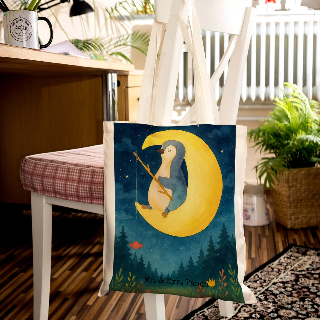 Tragetasche Pinguin Mond Design Strandtasche, Laptoptasche, Umhängetasche, Badetasche, Jutebeutel, Tasche, Stofftasche, Beutel, Einkaufstasche, Beuteltasche, Schultertasche, Jutetasche, Stoffbeutel, Tragetasche, Einkaufstüte, Shopper, Pinguin, Pinguine, Schlafstörungen, Nachtruhe, Einschlafen, Spruch, Schlafzimmer, Gästezimmer, schlafen