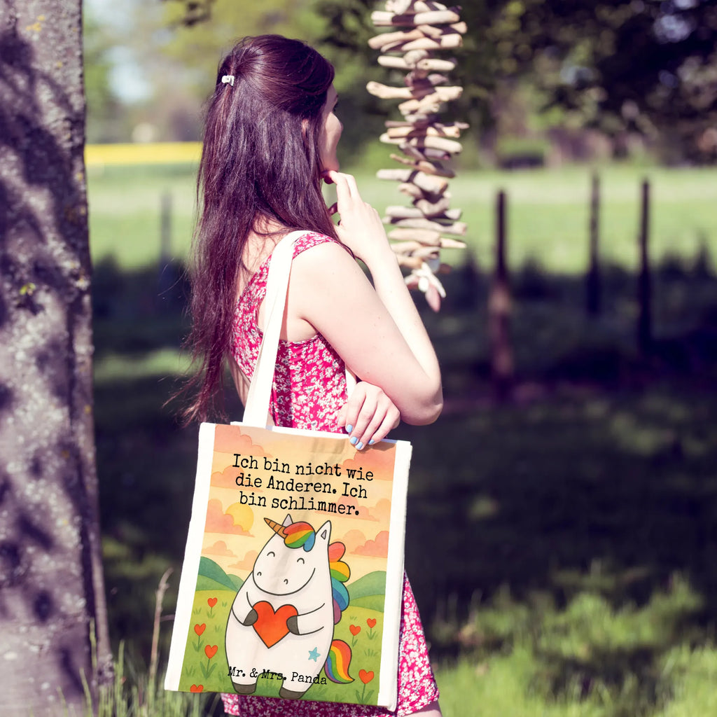 Tragetasche Einhorn Herz Design Laptoptasche, Jutebeutel, Stoffbeutel, Strandtasche, Badetasche, Einkaufstüte, Jutetasche, Umhängetasche, Einkaufstasche, Tasche, Beuteltasche, Shopper, Schultertasche, Stofftasche, Tragetasche, Beutel, Einhorn, Einhörner, Einhorn Deko, Unicorn, anders, böse, schlimm, Herz, bunt, Freundin, witzig, lustig