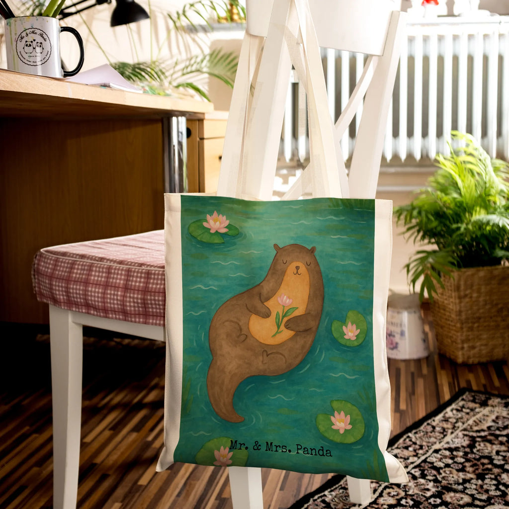 Tragetasche Otter Seerose Design Stofftasche, Strandtasche, Badetasche, Einkaufstüte, Einkaufstasche, Tasche, Umhängetasche, Schultertasche, Beutel, Shopper, Stoffbeutel, Laptoptasche, Tragetasche, Jutebeutel, Beuteltasche, Jutetasche, Otter, Fischotter, Seeotter, Otter Seeotter See Otter