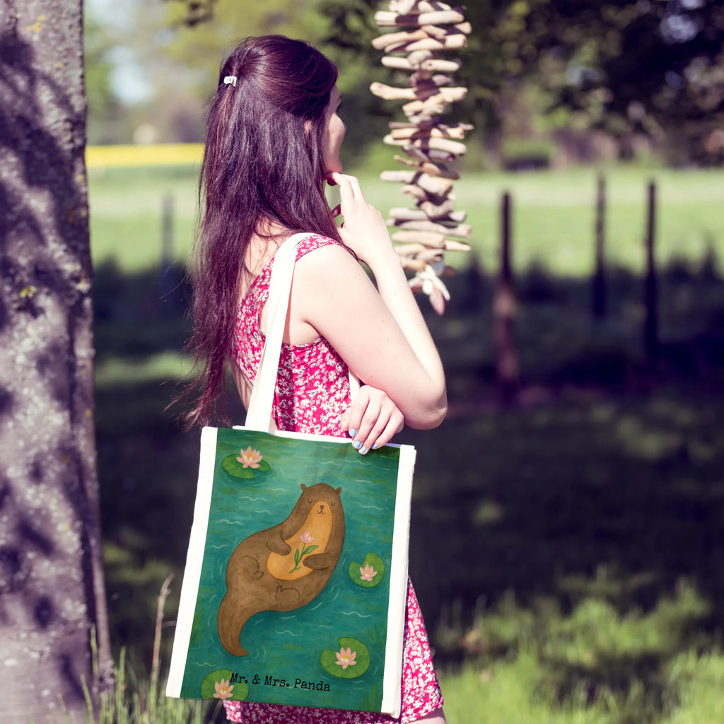 Tragetasche Otter Seerose Design Stofftasche, Strandtasche, Badetasche, Einkaufstüte, Einkaufstasche, Tasche, Umhängetasche, Schultertasche, Beutel, Shopper, Stoffbeutel, Laptoptasche, Tragetasche, Jutebeutel, Beuteltasche, Jutetasche, Otter, Fischotter, Seeotter, Otter Seeotter See Otter