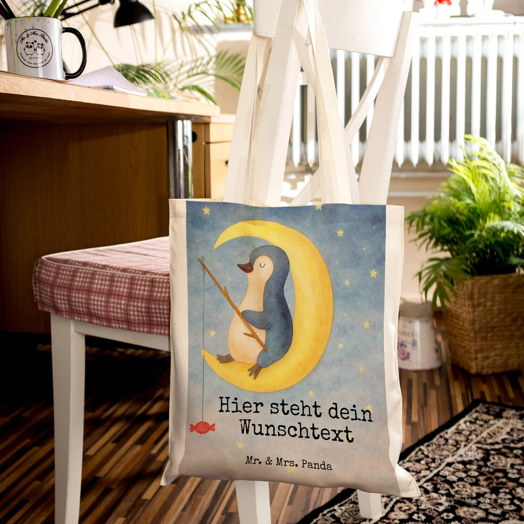 Personalisierte Tragetasche Pinguin Mond Design Personalisierter Stoffbeutel, Personalisierte Kindergartentasche, Personalisierter Jutebeutel, Personalisierte Beuteltasche, Personalisierte Jutetasche, Personalisierter Beutel, Personalisierte Tasche, Stoffbeutel mit Namen, Personalisierte Einkaufstasche, Einkaufstasche mit Namen, Tragetasche mit Namen, Pinguin, Nachtruhe, schlafen, Spruch, Gästezimmer, Schlafstörungen, Schlafzimmer, Pinguine, Einschlafen