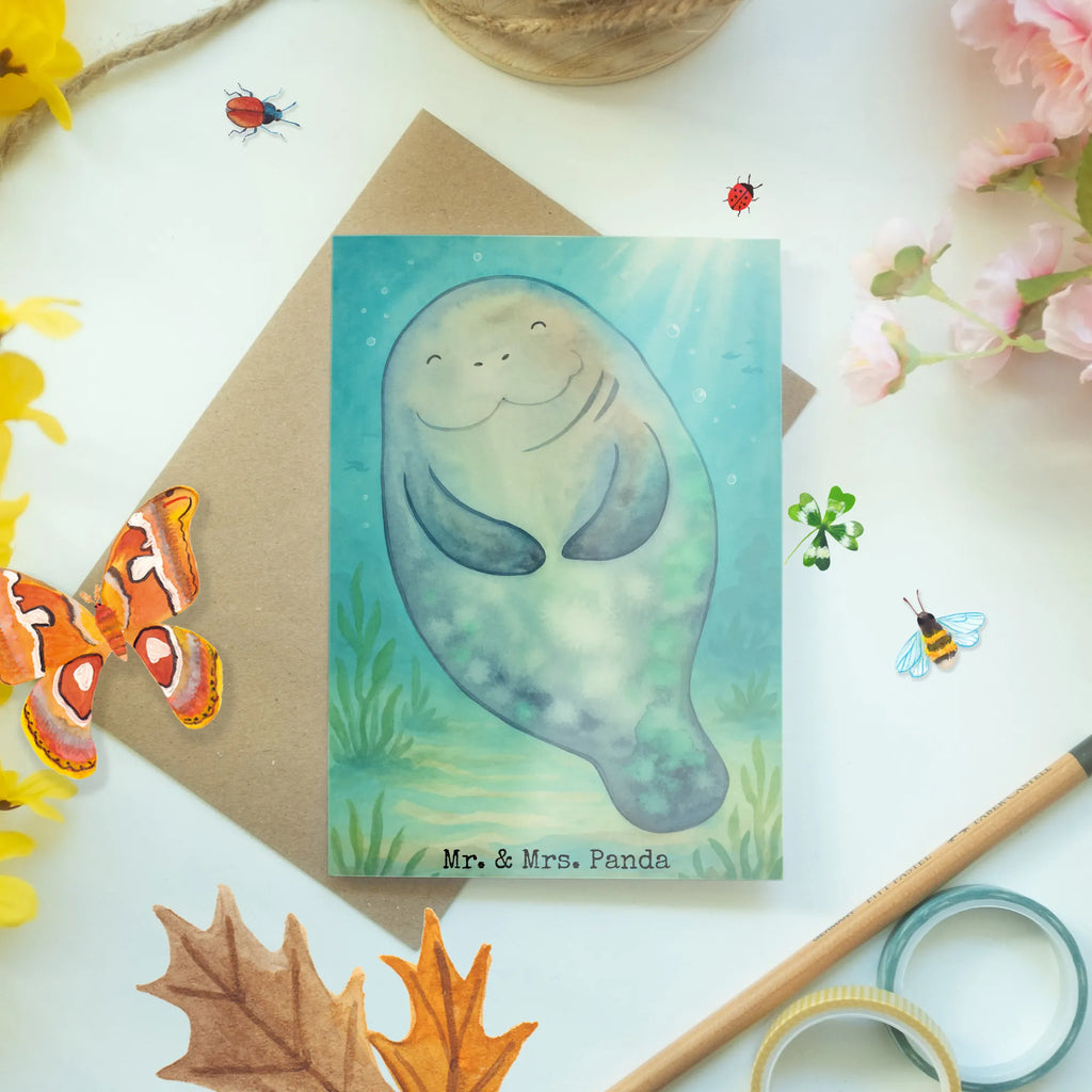 Greetings card manatee happy Design greeting card, wedding card, invitation card, birthday card, folding card, Seafood, aquatic animals, ocean, sea, fish, shells, corals, reef, whale, narwhal, sea urchin, lobster, platypus, turtle, manatee, crocodile, orca, shrimp, gifts for seafood lovers, water world, underwater animals, underwater world, vacation, deep sea, seafood fans, gift ideas, seafood decoration, seafood posters, Manatees, Carefulness, New start, Respect, Satisfaction, Lovesickness, New beginning, Girlfriend, Manatee, Self-love