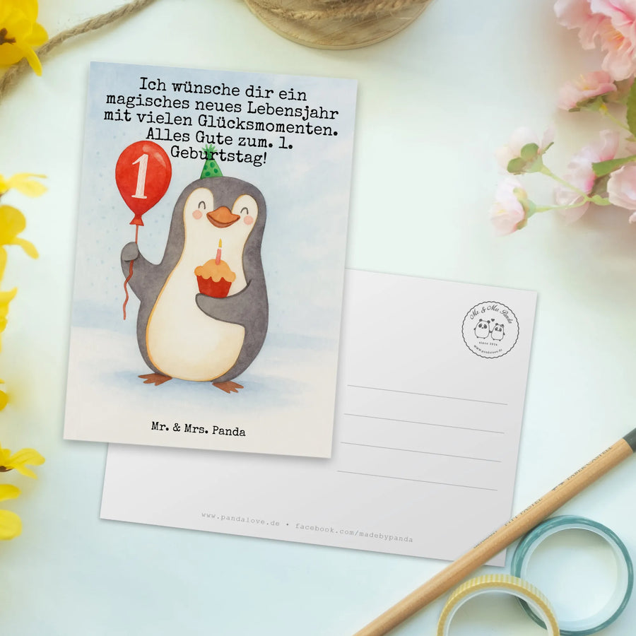 Postkarte 1. Geburtstag Pinguin Luftballon Design