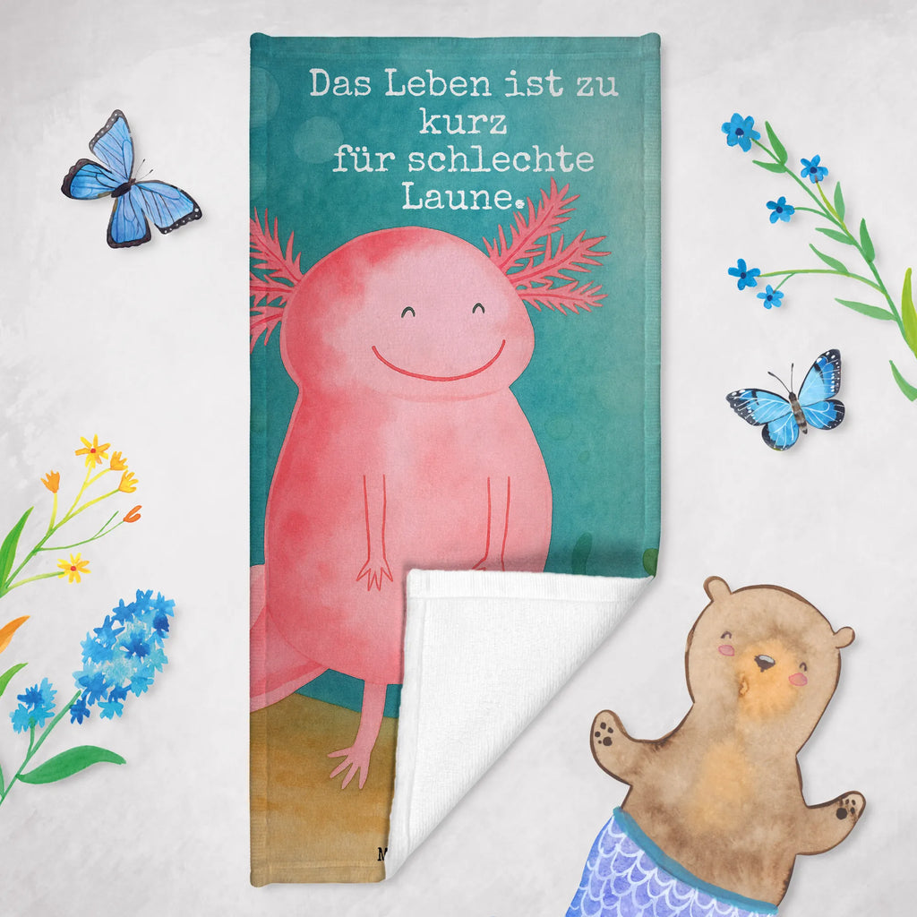 Badehandtuch Axolotl Glücklich Design Duschtuch, Badetuch, Strandtuch, Saunatuch, Kinder Handtuch, Axolotl, Molch, Axolot, Schwanzlurch, Lurch, Lurche, Motivation, gute Laune