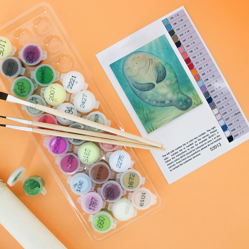 Paint by Numbers manatee happy Design Künstler, Kunstwerk, Bastelidee, Malen, Malen nach Zahlen, Ausmalbild, DIY, Kreativität, Baseln, Meerestiere, Meer, Urlaub, Seekuh, Neuanfang, Selbstliebe, Freundin, Neustart, Seekühe, Zufrieden, Achtsamkeit, Respekt, Liebeskummer