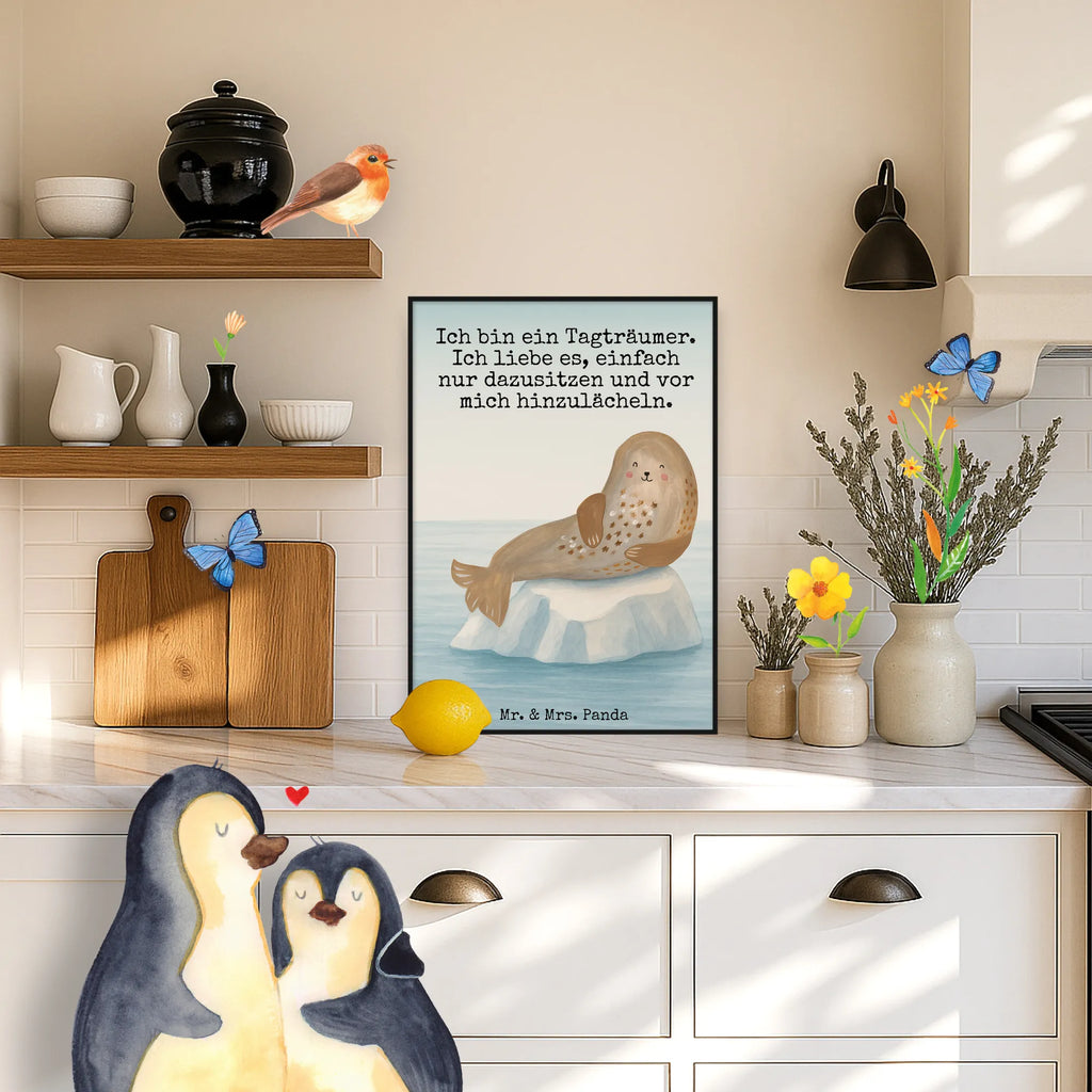 Poster Robbe Lachen Design Wanddekoration, Bild, Posterdruck, Kunstdruck, Raumdekoration, Mr. & Mrs. Panda Poster, Küchenposter, Poster, Designposter, Wandposter, Handgemaltes Poster, Wanddeko Bild, Kinderposter, Wanddeko, Tiermotive, Gute Laune, lustige Sprüche, Tiere, Meerestier, Nordsee, Robbe, Strand, Ostsee, Seehund, Robben