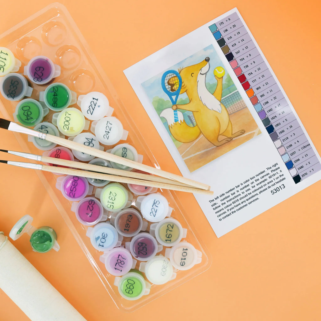 Malen nach Zahlen Fuchs Tennis spielen Design Bastelidee, Künstler, DIY, Kunstwerk, Ausmalbild, Kreativität, Malen, Malen nach Zahlen, Baseln, Geschenk, Sport, Sportart, Hobby, Schenken, Danke, Dankeschön, Auszeichnung, Gewinn, Sportler, Tennisclub, Tennis Turnier, Tennisverein, Tennis spielen, Ballsportart