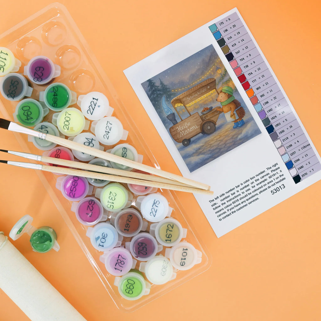 Paint by Numbers hedgehog Chestnuts Design Künstler, DIY, Malen, Ausmalbild, Baseln, Malen nach Zahlen, Kunstwerk, Bastelidee, Kreativität, Winter, Weihnachten, Weihnachtsdeko, Nikolaus, Advent, Heiligabend, Wintermotiv, Weihnachtsmarkt, Kastanien, Duft, Maronen